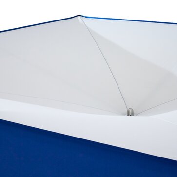 Il gazebo pieghevole blu con tetto piatto ha un filtro posizionato sul centro del tetto.