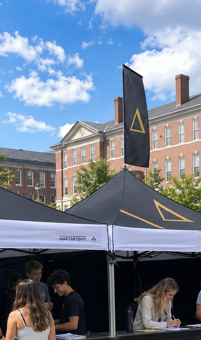 Three custom Mastertent canopy tents with Greek letters at a fraternity and sorority event on a U.S. college campus.