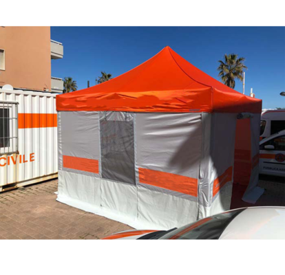 A custom medical tent or field hospital tent with printed signage