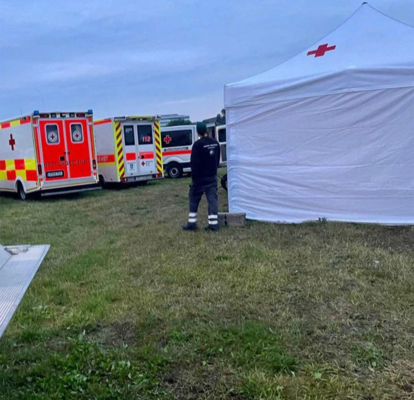 A custom medical tent or field hospital tent with printed signage