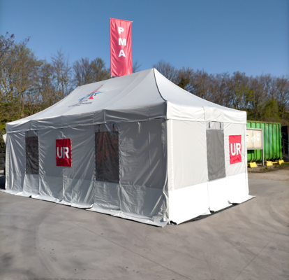 A custom medical tent or field hospital tent with printed signage