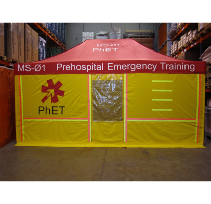 A custom medical tent or field hospital tent with printed signage