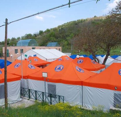 A custom medical tent or field hospital tent with printed signage