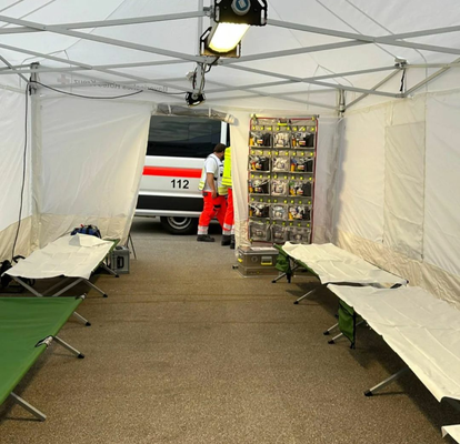 A custom medical tent or field hospital tent with printed signage