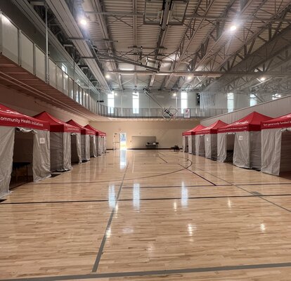 A custom medical tent or field hospital tent with printed signage