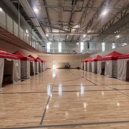 A custom medical tent or field hospital tent with printed signage