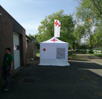 A custom medical tent or field hospital tent with printed signage