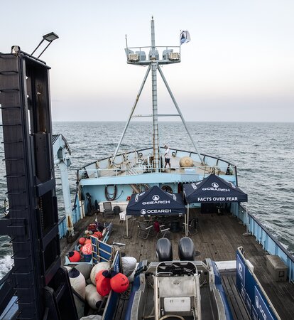 Two Mastertent canopy tents on the deck of a large Ocearch company boat going out to sea.