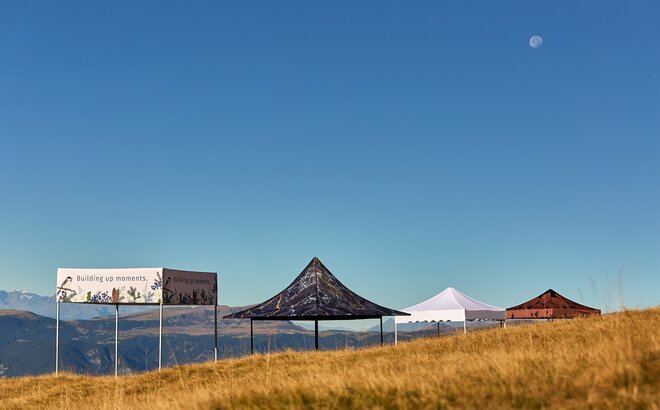 4 canopy tents with different style roofs lined up diagonally in a field with sunny blue sky. 