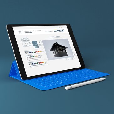An iPad on a blue background with screen displaying the Mastertent 3D Design Center building a canopy tent configuration.