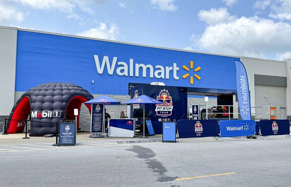 A Mastertent MS5 inflatable set up outside of a Walmart for a Red Bull brand activation. 