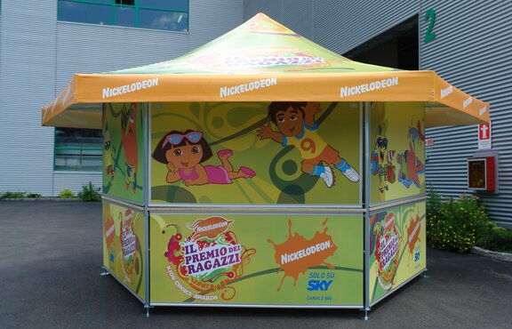 Nickelodeon branded pavilion featuring Dora, Diego, Spongebob and Patrick. 