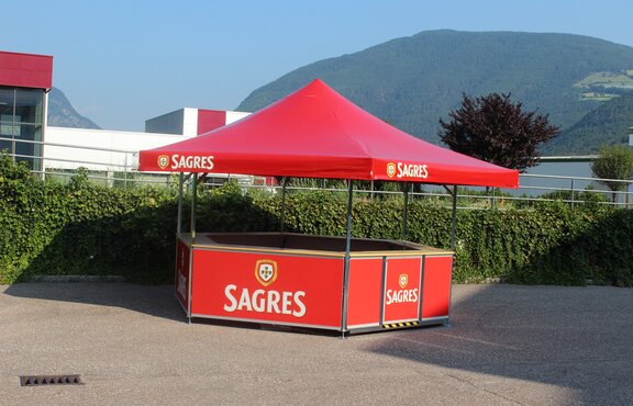 Sagres branded Hex Pavilion with wooden countertops