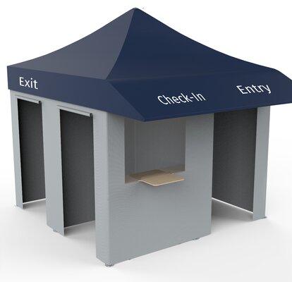 Grey vaccination tent with blue roof, three doors and one window on a white background. On the roof is written Check-In, Entry and Exit in white