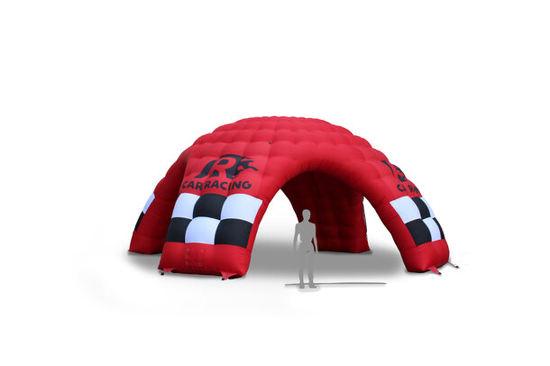An inflatable event tent in red with logo print "CAR RACING" on white background. For size comparison, the outline of a person was inserted under the inflatable advertising media.