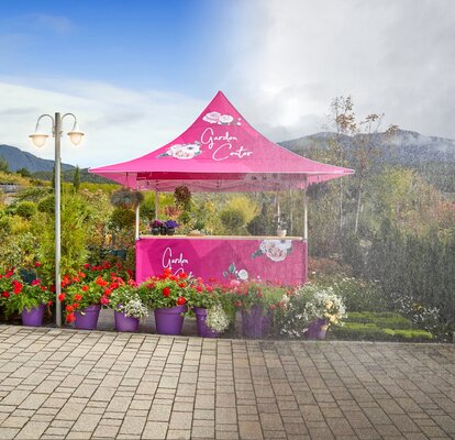 Ein pinker wasserdichter Faltpavillon von Mastertent befindet sich halb im Regen und halb im Sonnenschein. Davor stehen Blumen. 