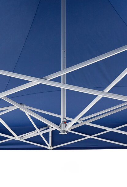The aluminium structure of a blue Mastertent gazebo is displayed 