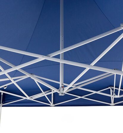 The aluminium structure of a blue Mastertent gazebo is displayed 