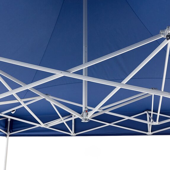 The aluminium structure of a blue Mastertent gazebo is displayed 