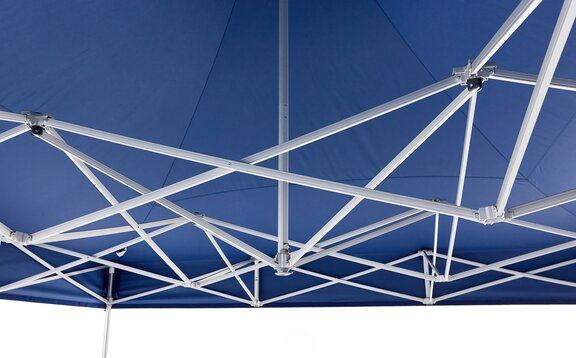 The aluminium structure of a blue Mastertent gazebo is displayed 