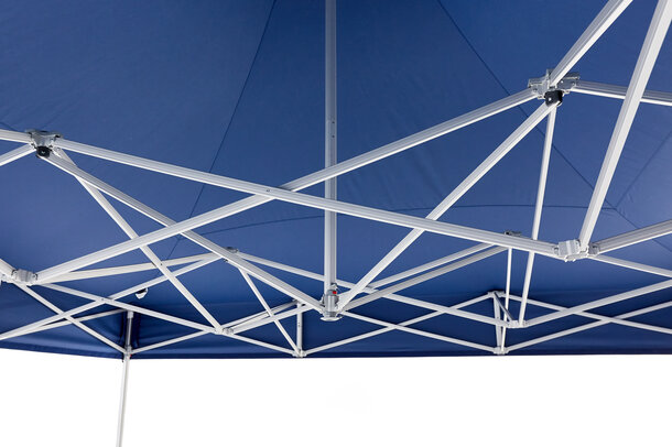 The aluminium structure of a blue Mastertent gazebo is displayed 