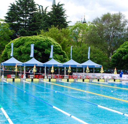 Ein Schwimmbad mit Rennbahnen, gelben Startsockeln und blauen MASTERTENT Faltpavillons.