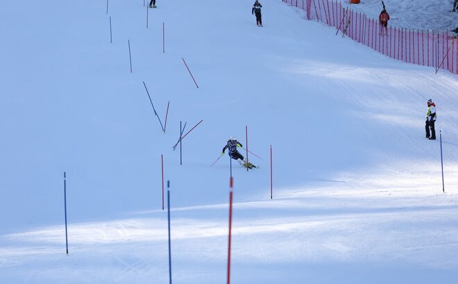 Die Skiläuferin fährt gerade durch den gesteckten Slalom.