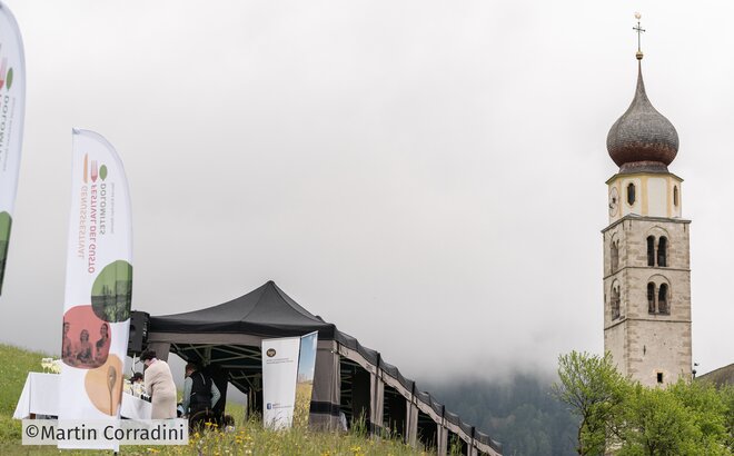 Lodenzelte bei Südtirol kocht in Seis. Man sieht den Kirchturm. Es hat gerade geregnet. | © Martin Corradini