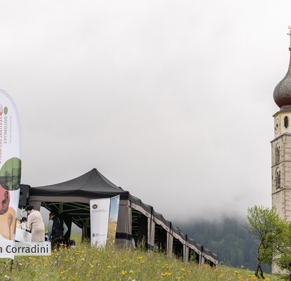 Lodenzelte bei Südtirol kocht in Seis. Man sieht den Kirchturm. Es hat gerade geregnet. | © Martin Corradini