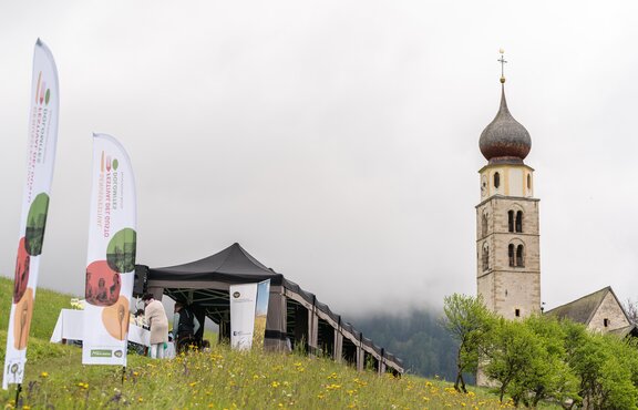 Faltpavillons mit Lodenstoffüberzug stehen auf der Wiese vor der Kirche. | © Martin Corradini