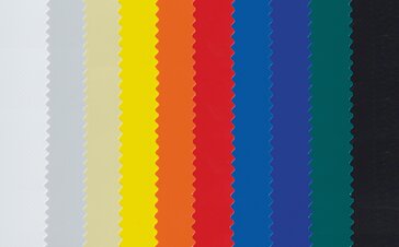 Übereinanderliegende Stoffmuster der Pavillon-Dächer - von links nach rechts: weiß, hellgrau, ecru, gelb, orange, rot, hellblau, dunkelblau, grün, schwarz.