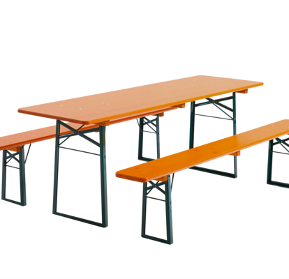 Beer bench set consisting of a beer table with a classic underframe and two beer benches without backrests. 