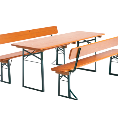 Beer bench set consisting of a beer table with a classic underframe and two beer benches with backrests. 