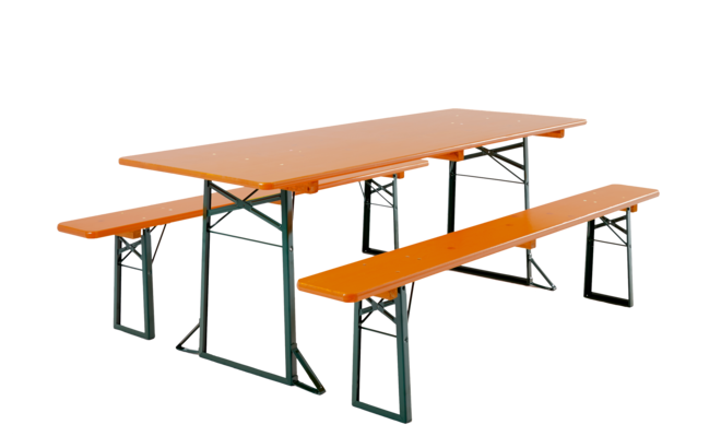 Wide beer table set consisting of an 80 cm wide beer table and 2 beer benches without backrest.