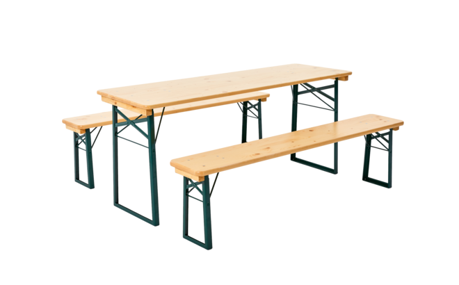 Compact beer table set consisting of a beer table in natural and 2 beer benches in natural and without backrest.