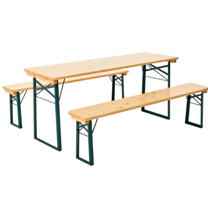 Compact beer table set consisting of a beer table in natural and 2 beer benches in natural and without backrest.