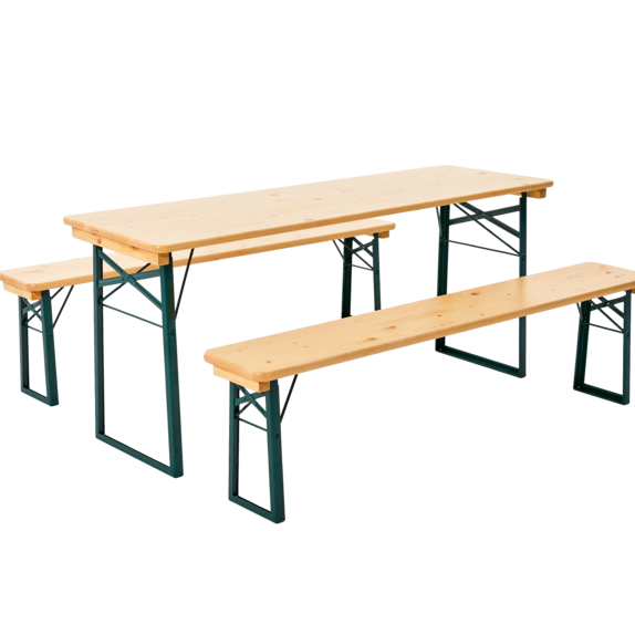 Compact beer table set consisting of a beer table in natural and 2 beer benches in natural and without backrest.