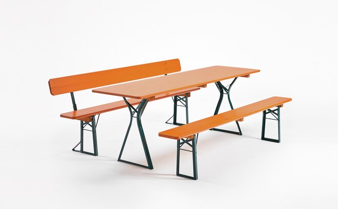 The classic beer tent set consists of a table with legroom, a bench with backrest and a classic bench.