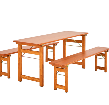 Rustic beer table set in solid wood consisting of a table and 2 benches without backrest.