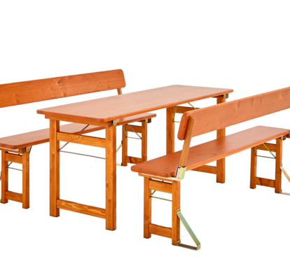 Wooden beer tent furniture, with wooden legs and two benches with backrest.