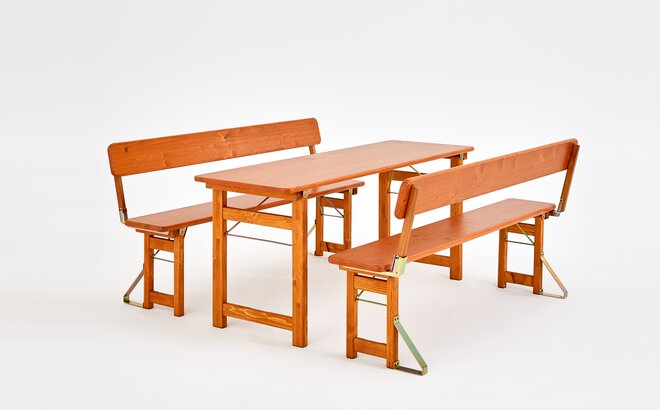 Wooden beer tent furniture, with wooden legs and two benches with backrest.