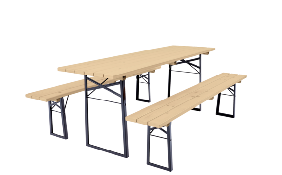 Design set "Sit Down" consisting of a table and 2 benches without backrest for beer gardens.