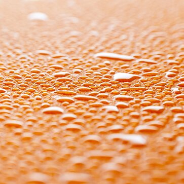 Detailed view of a wooden plate of a beer tent set with many water drops. 