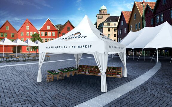 Das weiße Pagodenzelt befindet sich auf dem Marktplatz. Darunter stehen Kisten mit Fischen aus dem Meer. Im Hintergrund stehen rote Häuser.