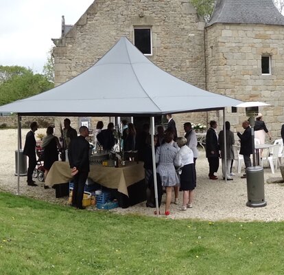 A black gazebo with awnings is standing in a garden and people are standimg underneath it