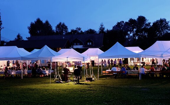 Gazebo pieghevoli per festa in giardino Diverse misure di gazebo pieghevoli bianchi per feste in giardino. Sotto i gazebo pieghevoli ci sono delle persono che festeggiano.