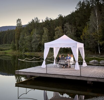 An elegant canopy tent set up for outdoor dining.