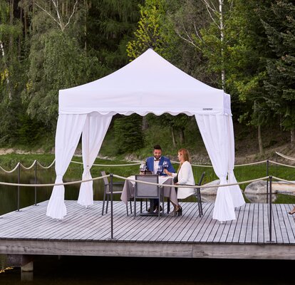 One couple is sitting under the gazebo. The second couple is approaching. Everything is prepared for dinner. 