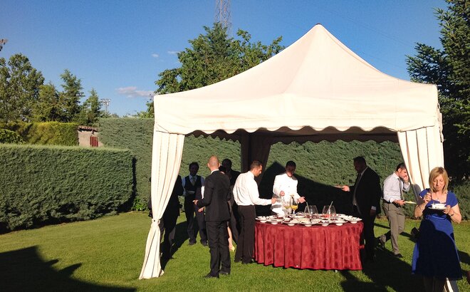 Gazebos for an elegant garden party. The catering takes place in the garden. Nicely-dressed guests are standing in front of the gazebo 