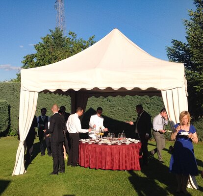 Gazebos for an elegant garden party. The catering takes place in the garden. Nicely-dressed guests are standing in front of the gazebo 